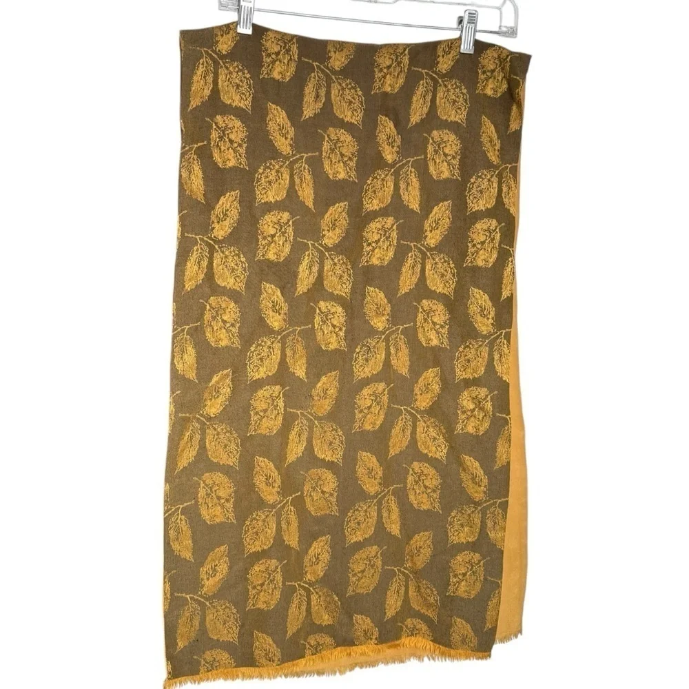 Bloomingdale’s Made In Italy Silk and Wool Scarf With Leaf Motif Golden Yellow